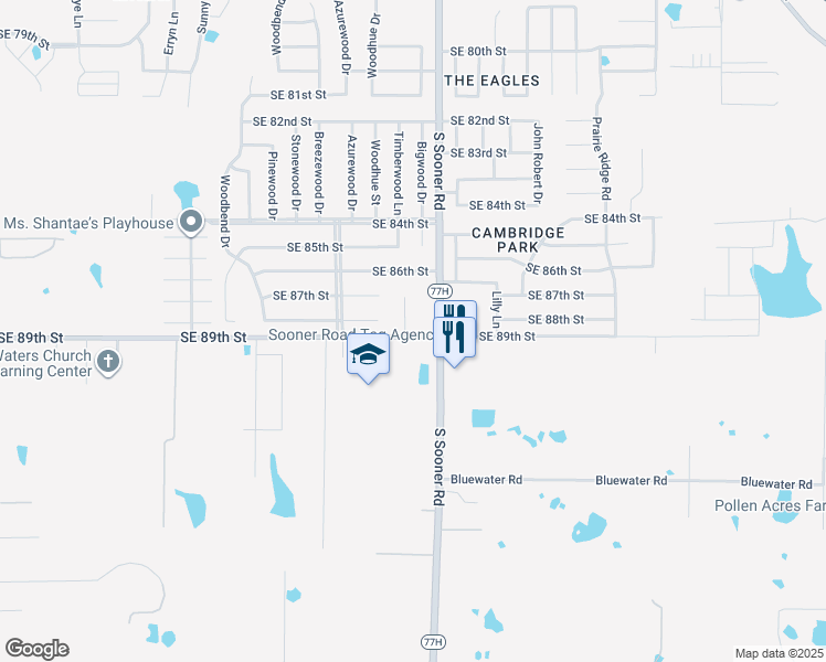 map of restaurants, bars, coffee shops, grocery stores, and more near 8913 Timberwood Lane in Oklahoma City