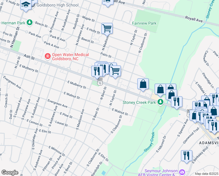 map of restaurants, bars, coffee shops, grocery stores, and more near 1802 East Ash Street in Goldsboro