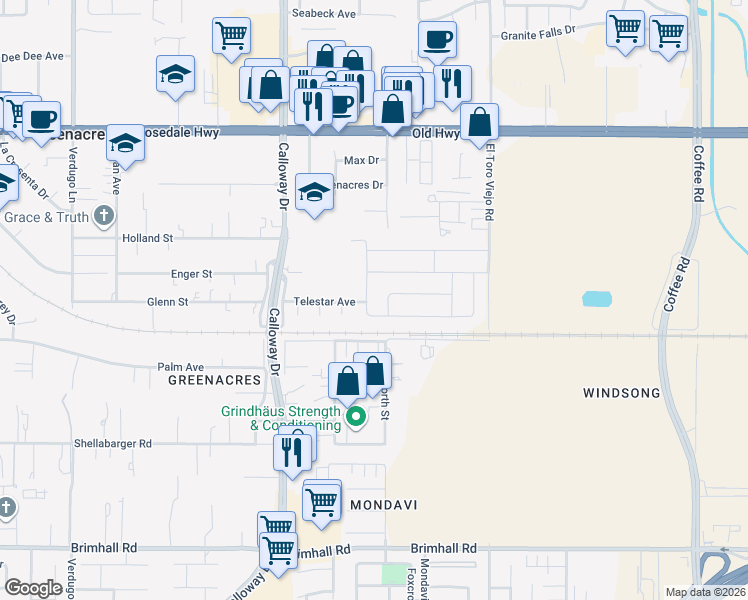 map of restaurants, bars, coffee shops, grocery stores, and more near 2000 Suncrisp Lane in Bakersfield