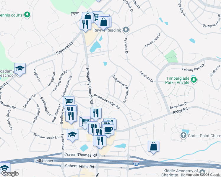 map of restaurants, bars, coffee shops, grocery stores, and more near 6246 Prosperity Commons Drive in Charlotte