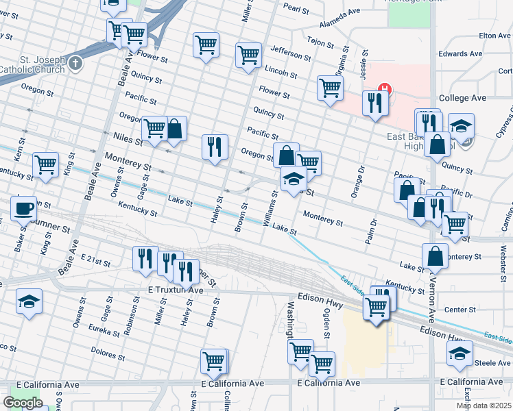 map of restaurants, bars, coffee shops, grocery stores, and more near 1515 Monterey St in Bakersfield