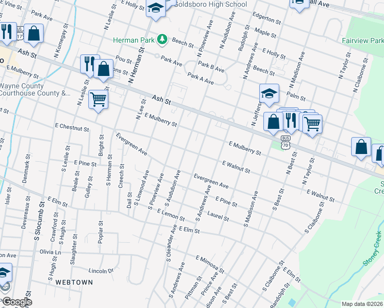 map of restaurants, bars, coffee shops, grocery stores, and more near 1308 E Walnut St in Goldsboro