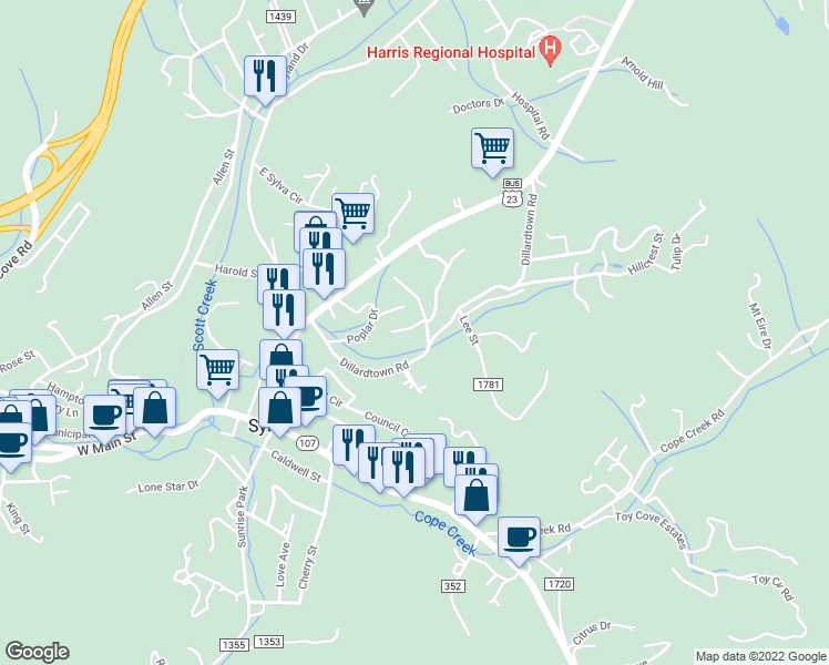 map of restaurants, bars, coffee shops, grocery stores, and more near 31 Astro Drive in Sylva