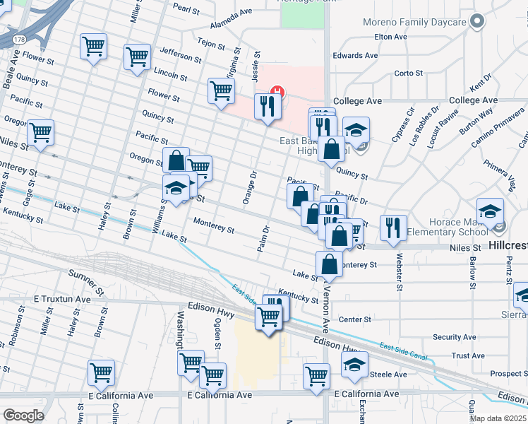 map of restaurants, bars, coffee shops, grocery stores, and more near 1918 Niles Street in Bakersfield