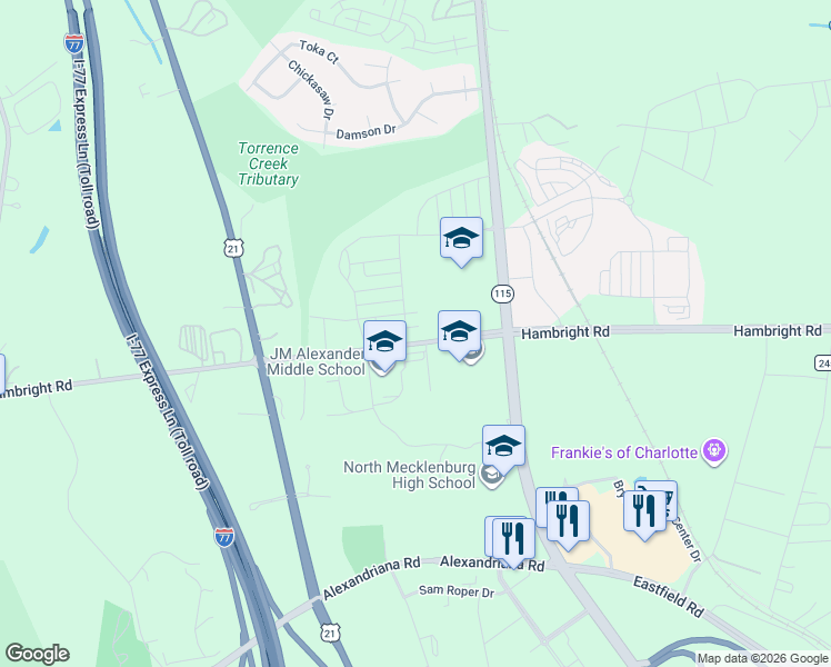 map of restaurants, bars, coffee shops, grocery stores, and more near 12113-12139 Hambright Road in Huntersville