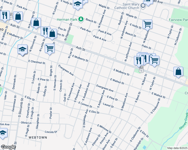 map of restaurants, bars, coffee shops, grocery stores, and more near 1302 East Walnut Street in Goldsboro