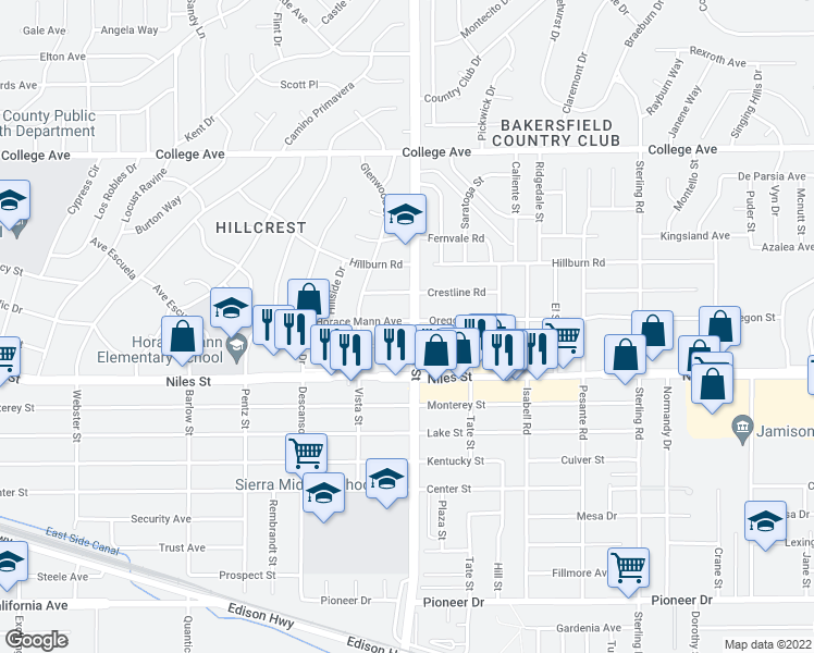map of restaurants, bars, coffee shops, grocery stores, and more near 3039 Horace Mann Avenue in Bakersfield