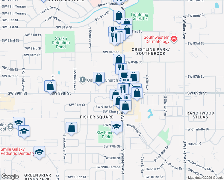 map of restaurants, bars, coffee shops, grocery stores, and more near 937 Southwest 89th Street in Oklahoma City