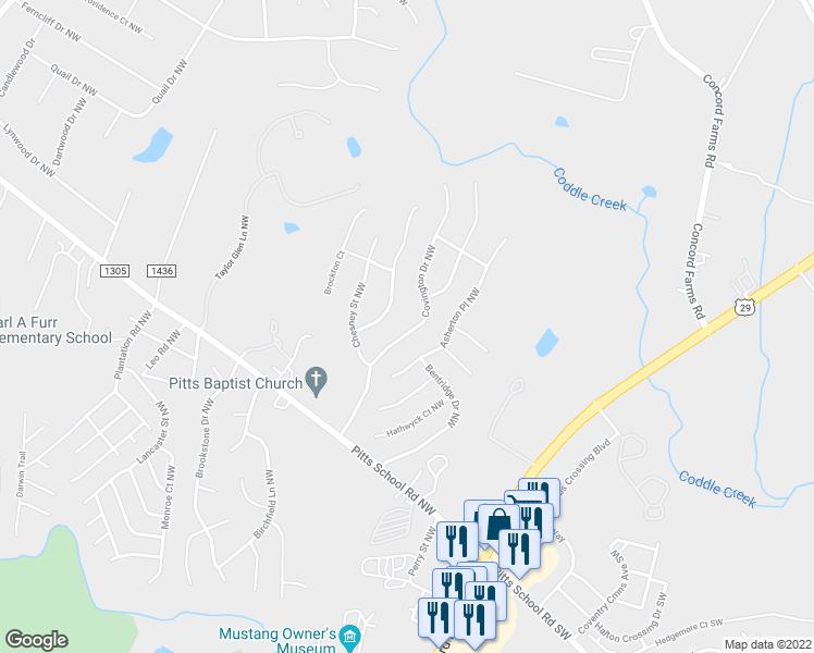 map of restaurants, bars, coffee shops, grocery stores, and more near 4833 Covington Drive Northwest in Concord