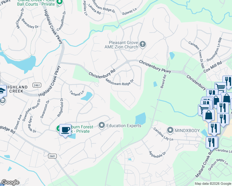 map of restaurants, bars, coffee shops, grocery stores, and more near 10236 Dominion Village Drive in Charlotte