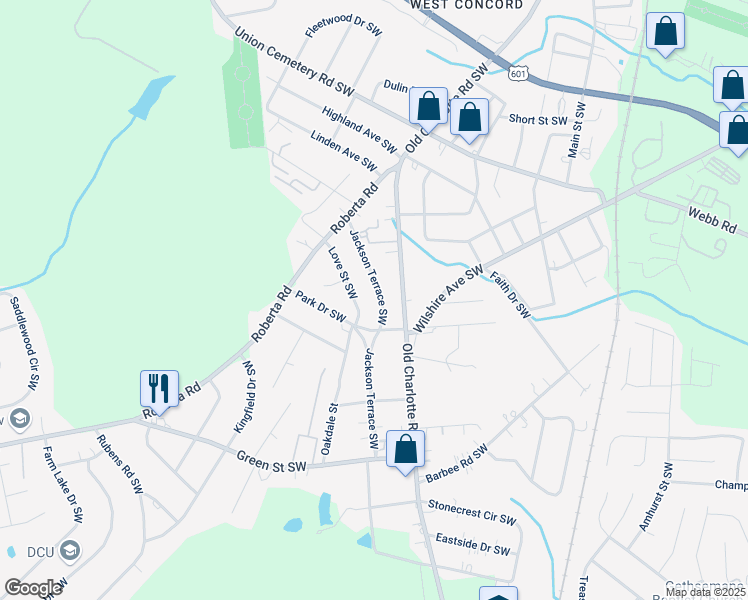map of restaurants, bars, coffee shops, grocery stores, and more near 616 Jackson Terrace Southwest in Concord