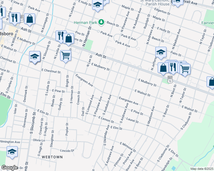 map of restaurants, bars, coffee shops, grocery stores, and more near 102 South Pineview Avenue in Goldsboro