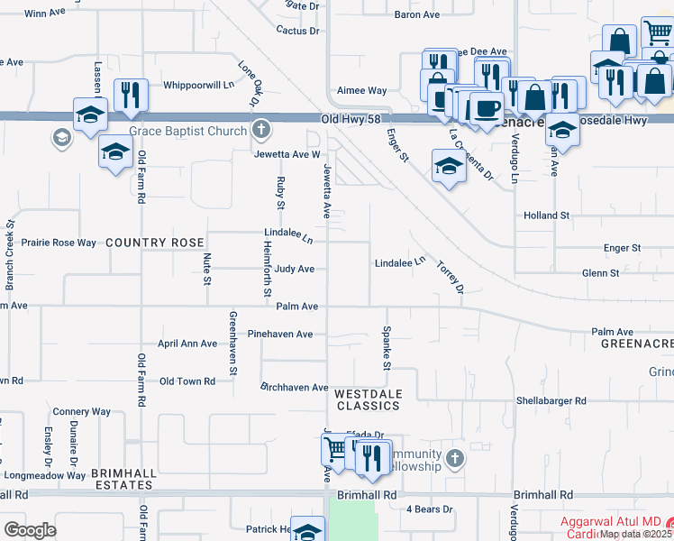 map of restaurants, bars, coffee shops, grocery stores, and more near 2022 Jewetta Avenue in Bakersfield