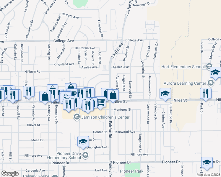 map of restaurants, bars, coffee shops, grocery stores, and more near 2117 Fairfax Road in Bakersfield