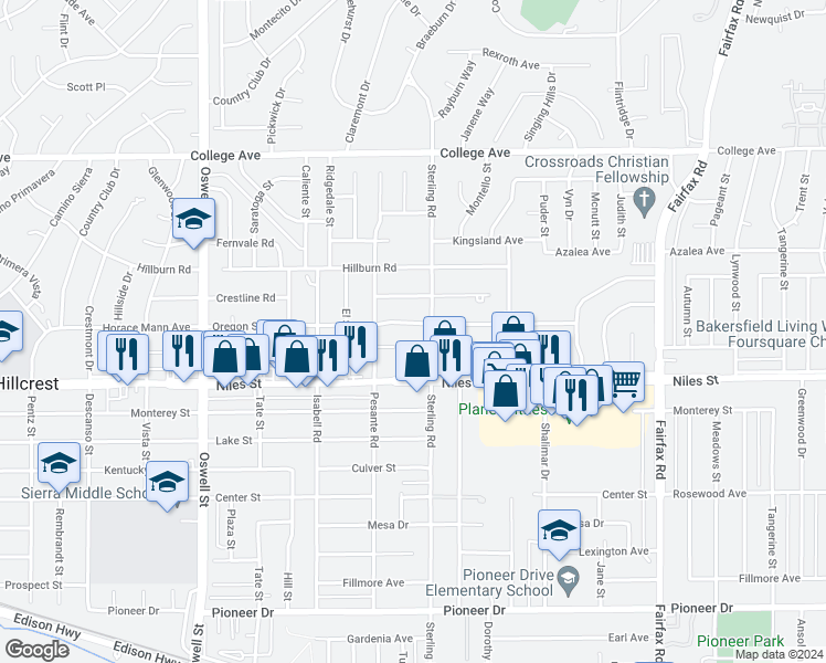 map of restaurants, bars, coffee shops, grocery stores, and more near 3823 Oregon Street in Bakersfield