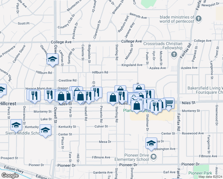 map of restaurants, bars, coffee shops, grocery stores, and more near 3823 Oregon Street in Bakersfield