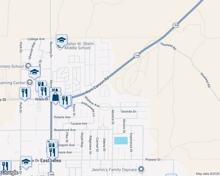 map of restaurants, bars, coffee shops, grocery stores, and more near 8904 Eastwind Circle in Bakersfield