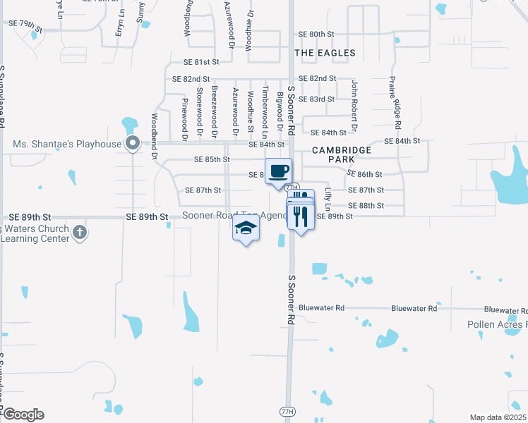 map of restaurants, bars, coffee shops, grocery stores, and more near 8913 Timberwood Lane in Oklahoma City