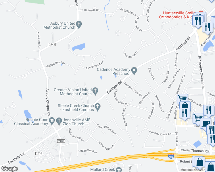 map of restaurants, bars, coffee shops, grocery stores, and more near 12111 Eastfield Road in Huntersville