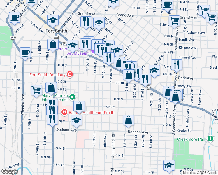 map of restaurants, bars, coffee shops, grocery stores, and more near 616 South 19th Street in Fort Smith