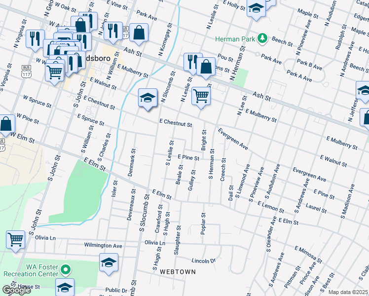 map of restaurants, bars, coffee shops, grocery stores, and more near 313 Beale Street in Goldsboro