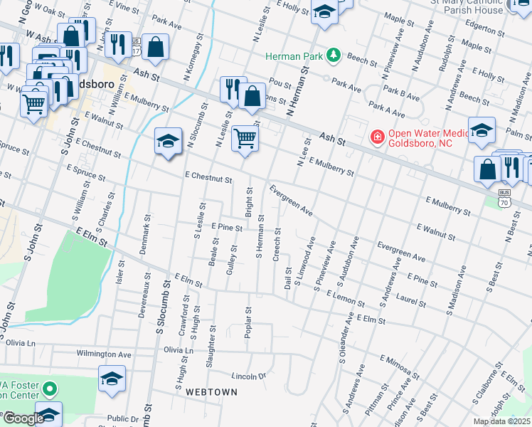 map of restaurants, bars, coffee shops, grocery stores, and more near 303 S Creech St in Goldsboro