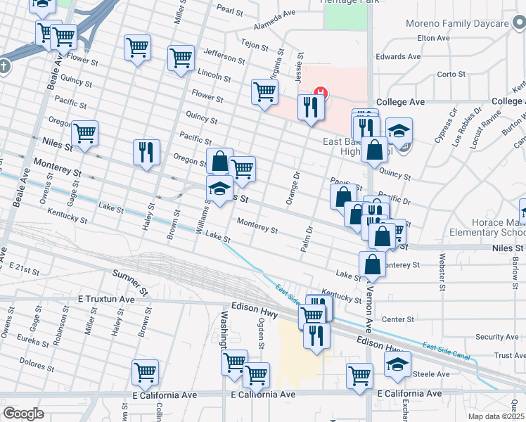 map of restaurants, bars, coffee shops, grocery stores, and more near 1255 West Drive in Bakersfield