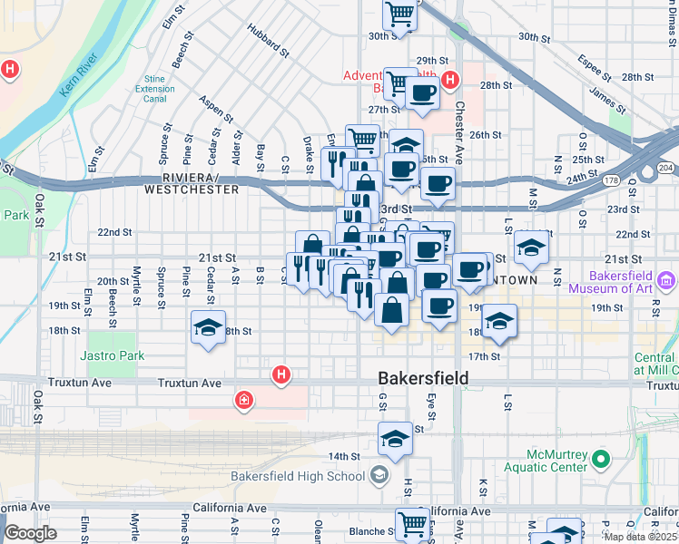 map of restaurants, bars, coffee shops, grocery stores, and more near 2001 E Street in Bakersfield