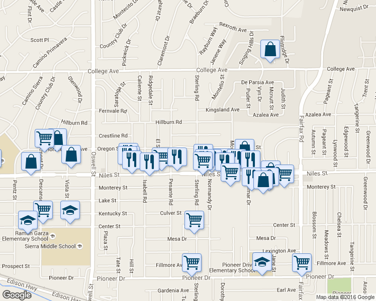 map of restaurants, bars, coffee shops, grocery stores, and more near in East Niles