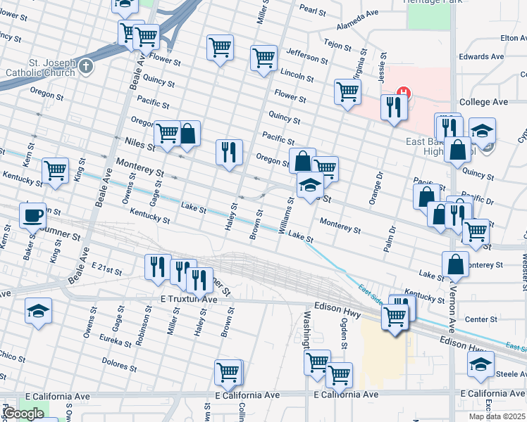map of restaurants, bars, coffee shops, grocery stores, and more near 1515 Monterey Street in Bakersfield