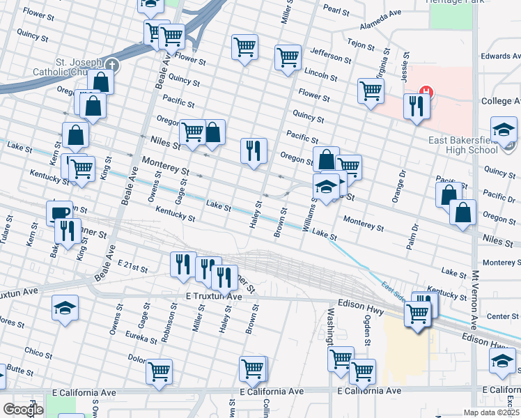 map of restaurants, bars, coffee shops, grocery stores, and more near 1426 Lake Street in Bakersfield
