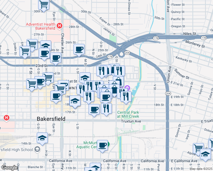map of restaurants, bars, coffee shops, grocery stores, and more near 820 20th Street in Bakersfield
