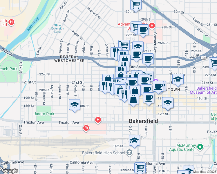 map of restaurants, bars, coffee shops, grocery stores, and more near 2001 E Street in Bakersfield
