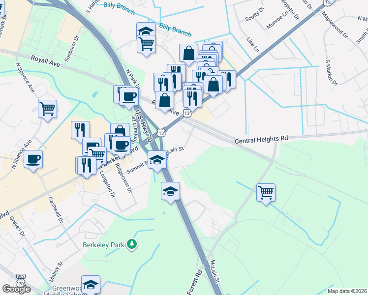 map of restaurants, bars, coffee shops, grocery stores, and more near 2815 McLain Street in Goldsboro