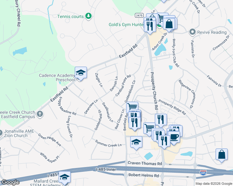 map of restaurants, bars, coffee shops, grocery stores, and more near 12434 Dervish Lane in Charlotte