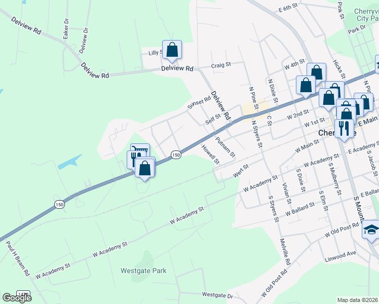 map of restaurants, bars, coffee shops, grocery stores, and more near 1005 West Church Street in Cherryville