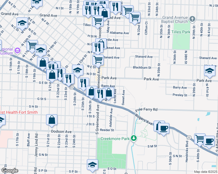 map of restaurants, bars, coffee shops, grocery stores, and more near 217 North May Avenue in Fort Smith
