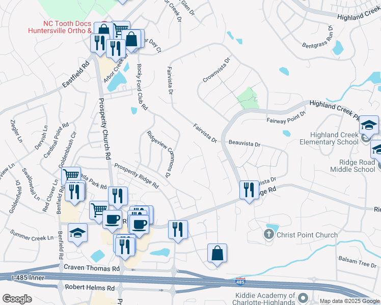 map of restaurants, bars, coffee shops, grocery stores, and more near 4405 Blackbird Court in Charlotte