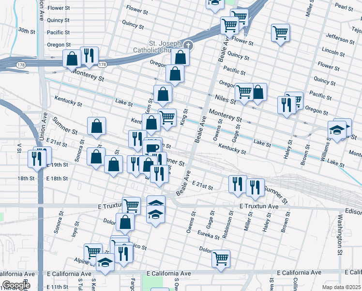 map of restaurants, bars, coffee shops, grocery stores, and more near 800 Jackson Street in Bakersfield