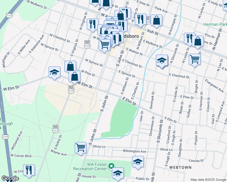 map of restaurants, bars, coffee shops, grocery stores, and more near 207 East Elm Street in Goldsboro