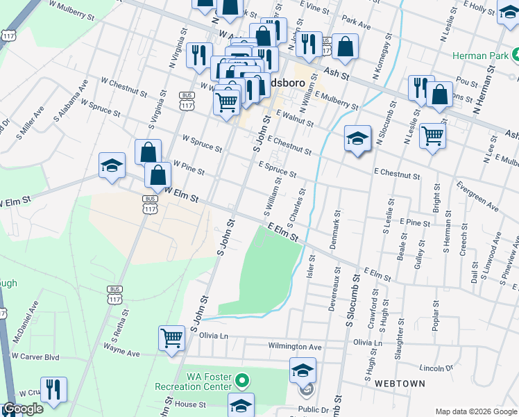 map of restaurants, bars, coffee shops, grocery stores, and more near 408 South William Street in Goldsboro
