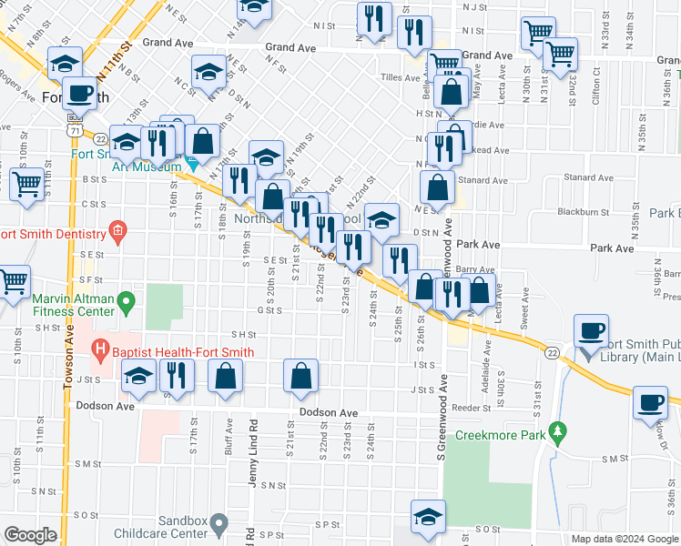 map of restaurants, bars, coffee shops, grocery stores, and more near 610 South 23rd Street in Fort Smith