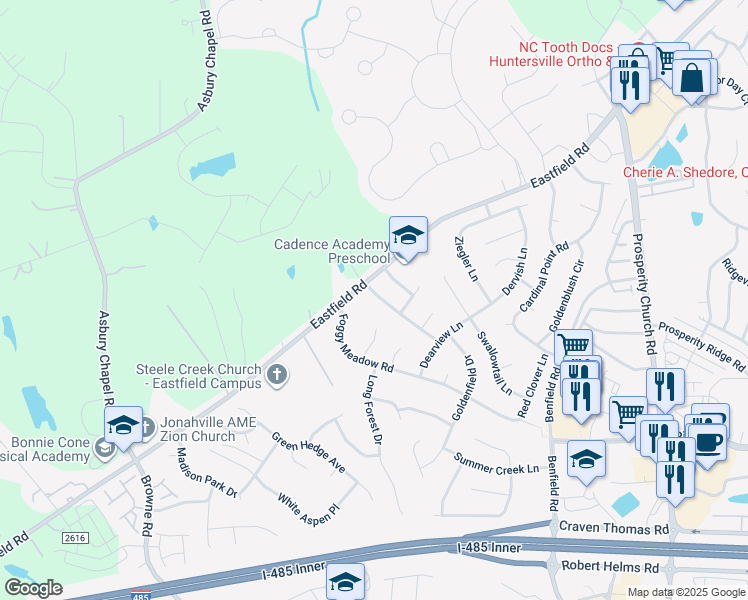 map of restaurants, bars, coffee shops, grocery stores, and more near 6727 Eastfield Park Drive in Charlotte