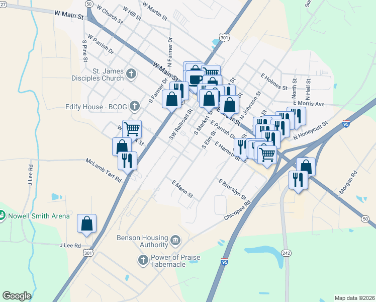 map of restaurants, bars, coffee shops, grocery stores, and more near 405 South Market Street in Benson