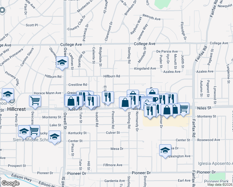 map of restaurants, bars, coffee shops, grocery stores, and more near 3805 Oregon Street in Bakersfield