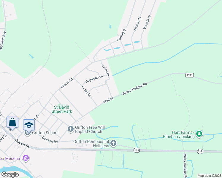 map of restaurants, bars, coffee shops, grocery stores, and more near 829 Lewis Drive in Grifton