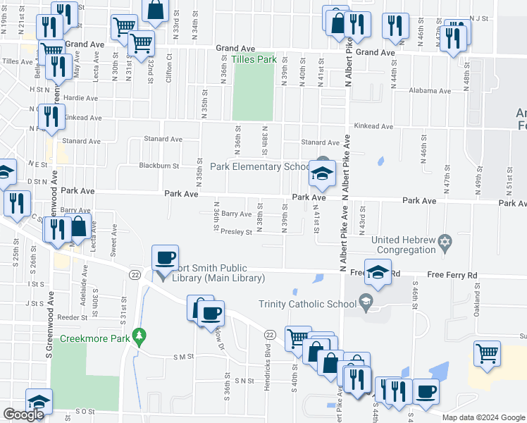 map of restaurants, bars, coffee shops, grocery stores, and more near 300 Barry Avenue in Fort Smith