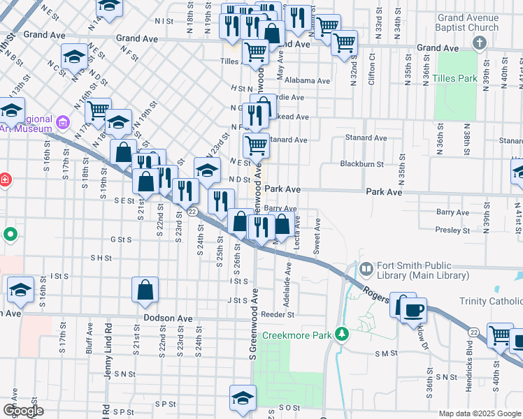 map of restaurants, bars, coffee shops, grocery stores, and more near 217 North May Avenue in Fort Smith