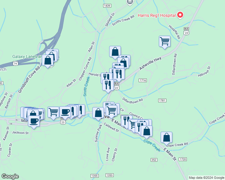 map of restaurants, bars, coffee shops, grocery stores, and more near 224 Asheville Highway in Sylva