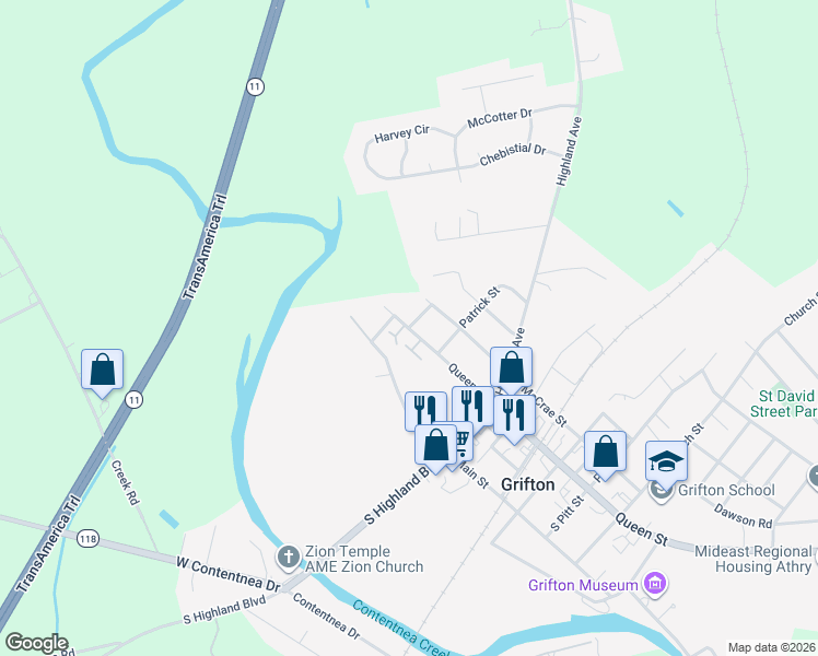 map of restaurants, bars, coffee shops, grocery stores, and more near 355 Queen Street in Grifton